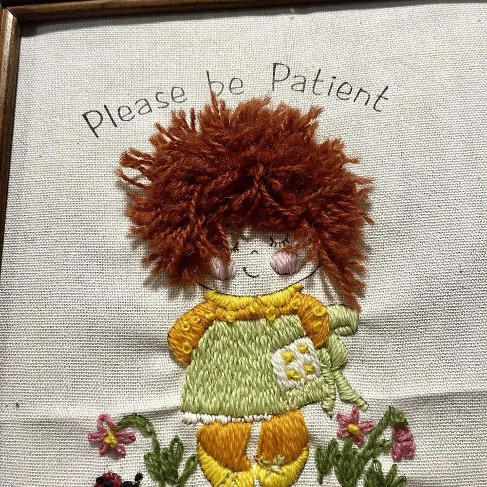 Vintage Cross Stitched Needle Work Little Girl Framed Picture made on 1987 D4